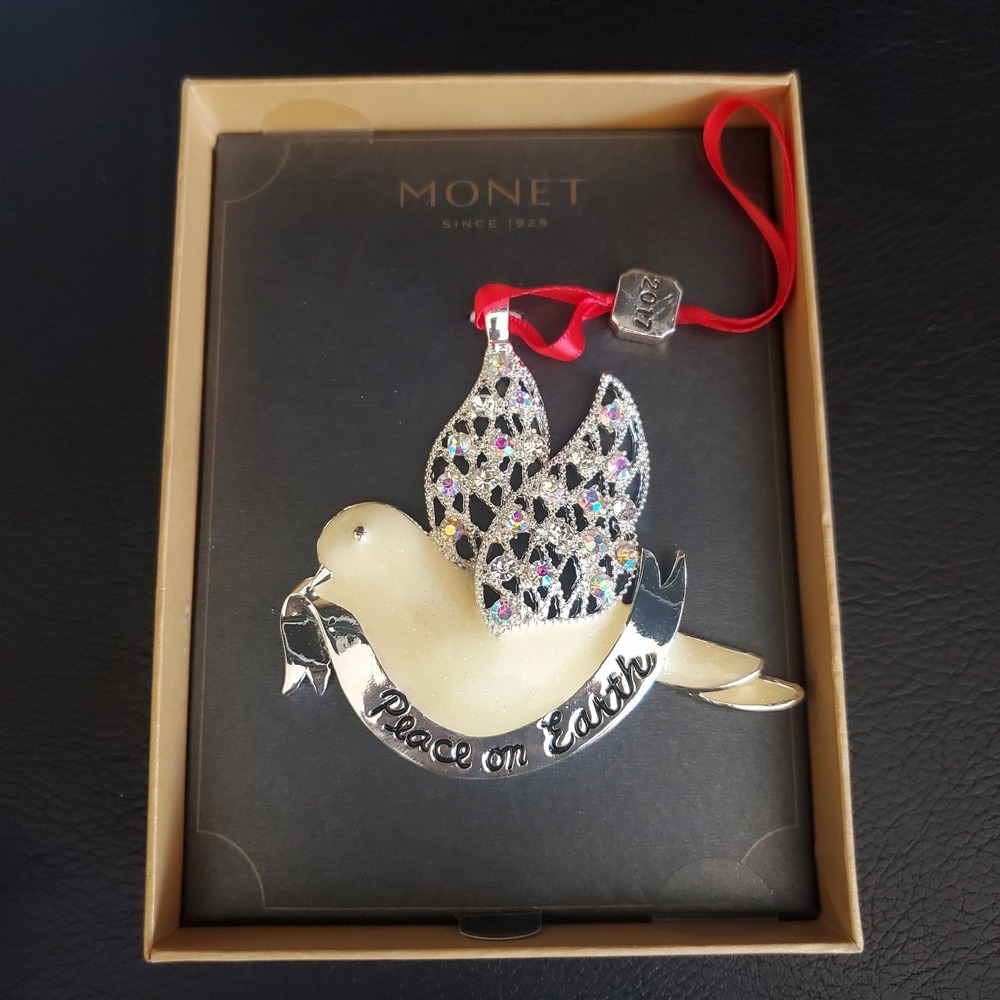 Monet PEACE ON EARTH DOVE Jeweled Enamel 2017 Ornament Silver Tone New in Box‎